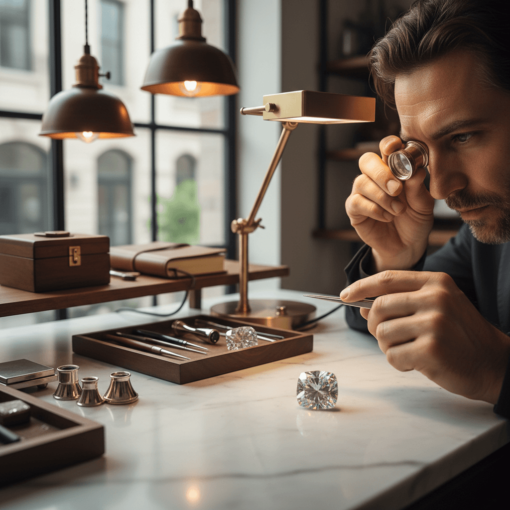 Juwelier untersucht einen Diamantring in der Werkstatt von Juwelier Kemer in Schwabach